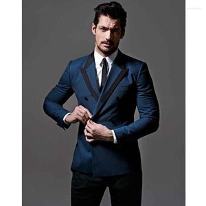 Trajes para hombre, chaqueta azul para hombre, pantalones negros, esmoquin para novio, últimos diseños de pantalón y abrigo, traje Formal de negocios hecho a medida 2023