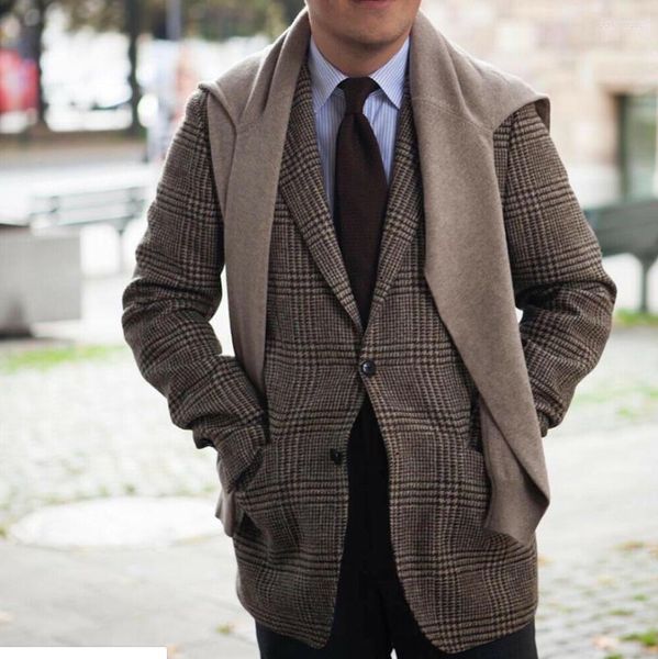 Trajes para hombres Chaqueta británica Gallois a cuadros para hombres Chaqueta Mezcla de lana Dos botones Vintage Clásico Muesca Solapa Hombres