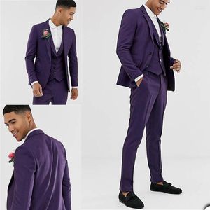 Herenpakken heren mode jonge bruiloft mannen smokinghuizen aangepaste bruidegom 3 stuks set groomsmen paarse slank fit feest blazer