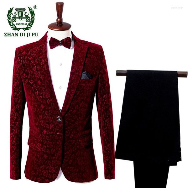 Trajes para hombres Patrón de flores para hombres Traje de terciopelo Set Fashion Fashion Classic Stage Performance Vestido de tres piezas Pantalones Tada Vintage Masculino