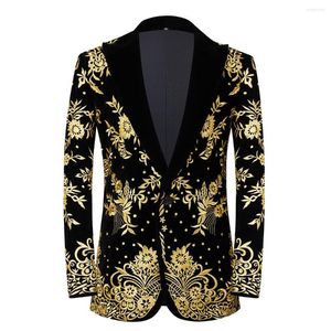 Costumes pour hommes Robe de broderie florale dorée pour hommes Costume Veste Col à revers Velours Slim Fit Mariage Tuxedo Blazer Banquet Hôte Costume de fête