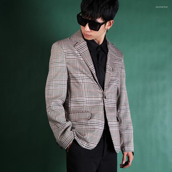 Trajes de hombre Retro Houndstooth Visual personalidad marea coreano masculino Casual pequeño traje hombres Plaid Slim Blazer chaqueta de talla grande