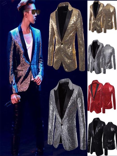 Costumes pour hommes Blazer à paillettes brillantes Coupe ajustée Costume de smoking Col en V Bouton à manches longues Veste d'affaires Manteau Fête de mariage Carnaval