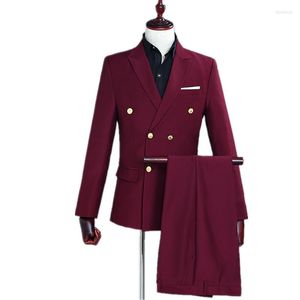 Costumes pour hommes Costume pour hommes 2 pièces ensemble vin rouge veste mince à double boutonnage avec pantalon robe formelle de banquet de mariage