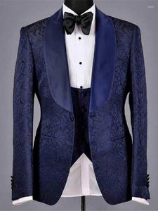 Costumes pour hommes Costume pour hommes 3 pièces Jacquard Blazer Gilet Pantalon noir Un bouton Sheer Satin Revers Business Wedding Groom Costume sur mesure