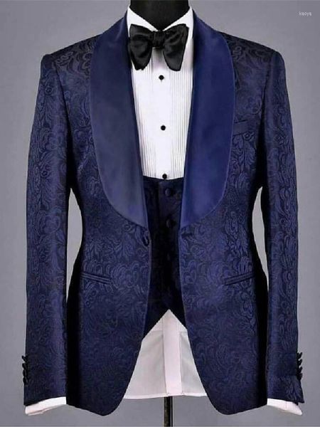 Trajes para hombre Traje para hombre 3 piezas Jacquard Blazer Chaleco Pantalones negros Un botón Solapa de satén transparente Traje de novio de boda de negocios a medida