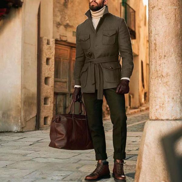 Hommes costumes hommes costume une pièce homme veste café Tweed laine col montant simple boutonnage Vintage Gentleman affaires 2023