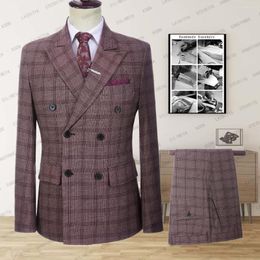 Costumes pour hommes hommes mariage Plaid bordeaux Blazers veste pantalon 2 pièces ensemble 2023 Slim Fit affaires smoking robe classique formel manteau