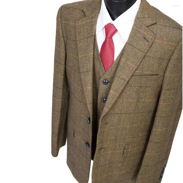 Costumes pour hommes laine Tweed marron Plaid coupe ajustée formelle Vintage revers Tuxedos garçons d'honneur mariage Blazer gilet pantalon