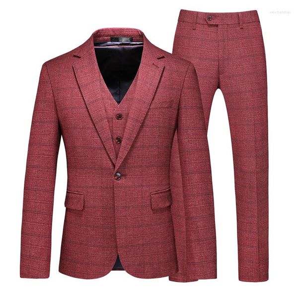 Trajes para hombres Hombres Otoño Marca Moda Cuadrícula Rojo Alta calidad Boutique Novio Casual Slim 3 PCS Conjunto Vestido de fiesta de bodas Prom