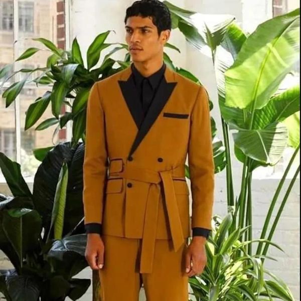 Trajes de hombre con solapa negra de 2 piezas (pantalones de chaqueta), traje con cinturón, diseño ajustado, conjunto de boda para novio, chaqueta de fiesta, traje a medida para hombre