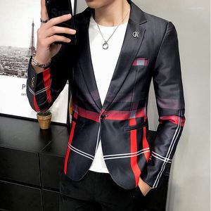 Herenpakken Men Blazer Slim Fit Spring en Autumn Plaid Stitching hoogwaardige mode casual merk Men's Clothing Dress Suit jas