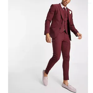 Trajes para hombres Hombres Bugundy Un solo pecho Solapa en pico Trajes formales de tres piezas Blazer Masculino Chaqueta Pantalones Chaleco Slim Fit personalizado