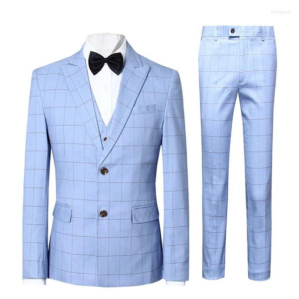 Homme Costumes Homme Carreaux Mince Mode Formel Costume Décontracté Affaires Bureau Travail Vie Quotidienne Mariage Marié 3 Pièces Bleu Ciel Jaune Clair