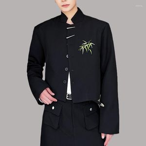 Costumes pour hommes hommes Style chinois Blazer col montant à manches longues bouton en métal bambou brodé Streetwear personnalité manteaux