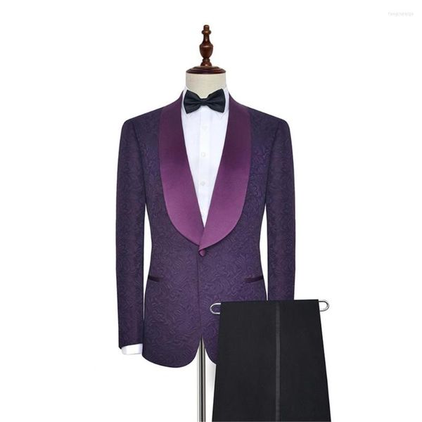 Costumes pour hommes hommes sur mesure châle revers homme motif violet marié Tuxedos mariage/bal 2 pièces (veste pantalon cravate) E116