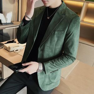 Herenpakken Mannen Hertenleer Fluwelen Suede Stof Jasje Slanke Mannelijke Casual Business Enkele Knop Blazer Jas Plus Size xxl