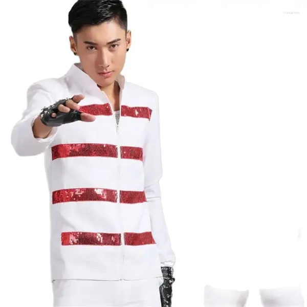 Trajes para hombre, diseños para hombre, trajes de escenario masculinos para cantantes, Blazer de lentejuelas rojas, Ropa de baile, chaqueta, vestido estilo estrella Punk blanco