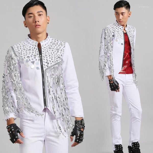 Costumes pour hommes Hommes Designs Gland Homme Terno Costumes de scène pour chanteurs Sequin Blazer Vêtements de danse Veste Style Robe Punk Blanc