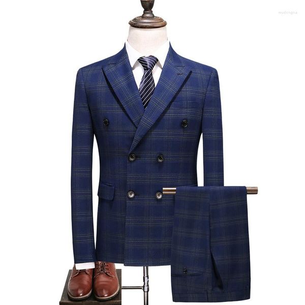 Trajes para hombres Traje cruzado para hombres Moda Slim Blue Plaid Hombres 5XL Tamaño grande Boda de lujo Ropa formal de negocios de alta calidad