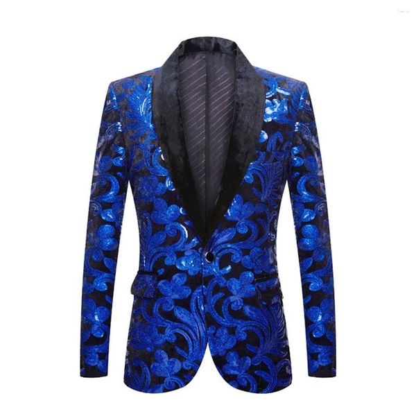 Costumes pour hommes Hommes Mode Bleu Velours Paillettes Motif Floral Costume Veste Blazer Un Bouton Tuxedo Blazers Fête De Mariage Bal