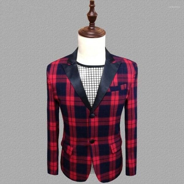 Costumes pour hommes hommes mode angleterre rouge Plaid à manches longues Costume manteau Costume présentateur de mariage robe coréenne discothèque mince