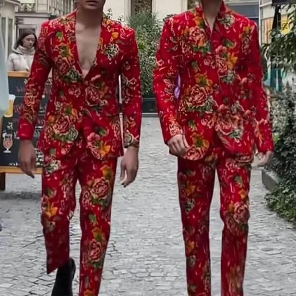 Trajes para hombre, traje de abrigo Floral para hombre, estampado de flores, estilo nororiental con bolsillos, cárdigan de solapa, chaqueta Formal Unisex, conjunto de pantalones