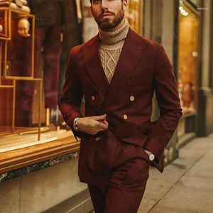 Trajes de hombre para boda chaqueta de 2 piezas con pantalones ajustados elegantes chaquetas de oficina de negocios de hermoso rojo vino con doble botonadura