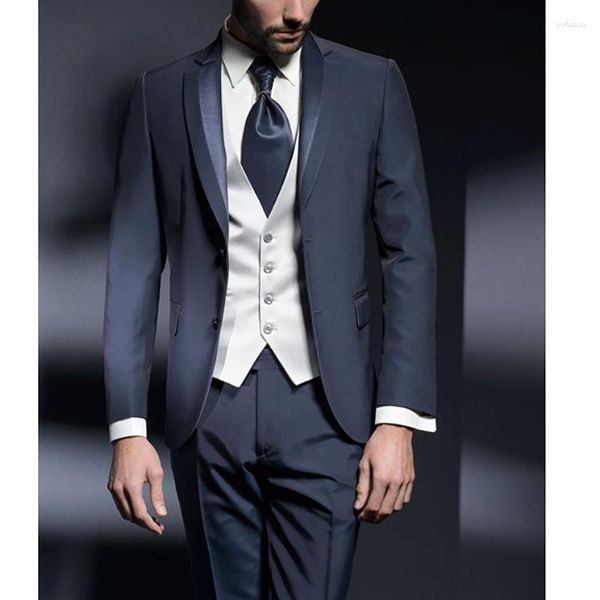 Costumes pour hommes Hommes pour mariage 2023 Terno Élégant Formel Blazer Hombre Costume Blanc Gilet Bleu Marine Veste Pantalon Trois Pièces Slim Fit