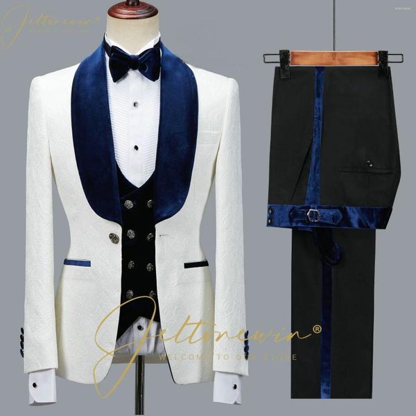 Costumes pour hommes Hommes pour mariage Blanc Floral Party Tuxedos 2024 Dernières conceptions 3 pièces Bleu marine Velours Revers Gilet Groom Groomsmen