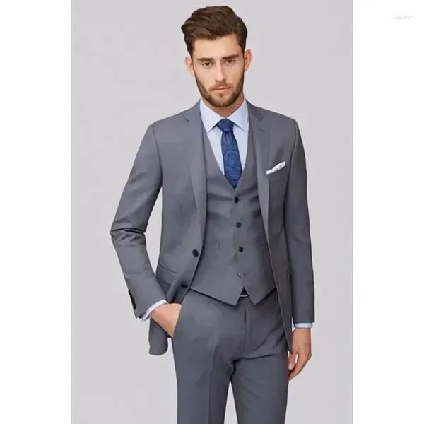 Trajes para hombres Traje de solapa gris para hombres Conjunto de tres piezas (chaqueta chaleco pantalones) Ropa de negocios de boda elegante regular de un solo pecho