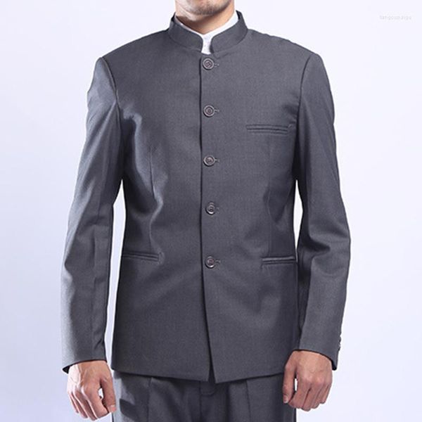 Trajes de hombre, traje de túnica gris para hombre, chaqueta con cuello levantado mandarín, abrigo gris de estilo chino tradicional de un solo pecho, ropa de abrigo para hombre