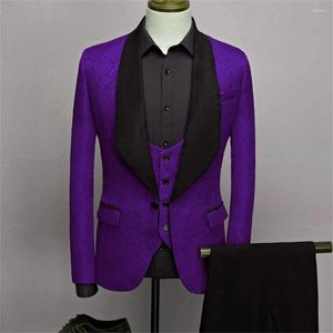 Trajes de hombre de alta calidad con solapa y chal para hombre, esmoquin morado para novio, boda/graduación, 3 piezas (chaqueta, pantalones, chaleco y corbata) E67