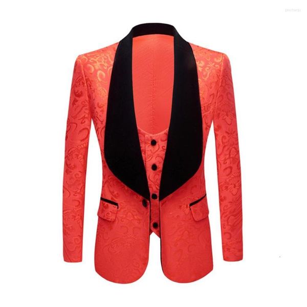 Costumes pour hommes Hommes Haute Qualité Châle Revers Homme Motif Rouge Marié Tuxedos Mariage / Bal 3 Pièces (Veste Pantalon Gilet Cravate) E192