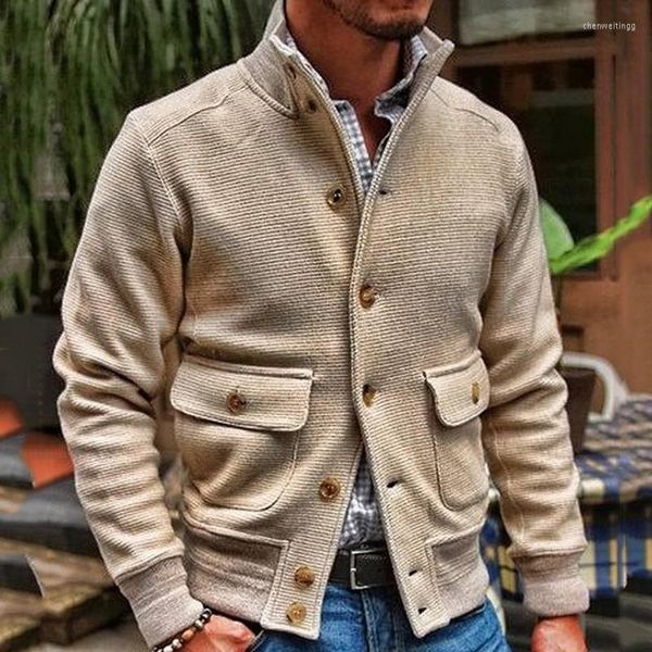 Costumes pour hommes hommes manteau tricoté col couleur unie haut décontracté rétro outillage veste simple boutonnage pull Cardigan