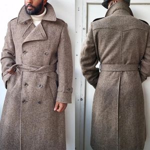 Herenpakken mannen lange jas overjas visgraat bruine heren met riem dubbele borsten warm wollen blend zakelijk causaal dagelijks op maat gemaakt