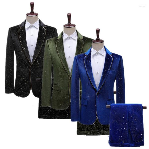Costumes pour hommes Hommes Costume de luxe 2 pièces Noir / Bleu en relief Bord d'or Robe Business Wedding Party Blazer Veste et pantalon
