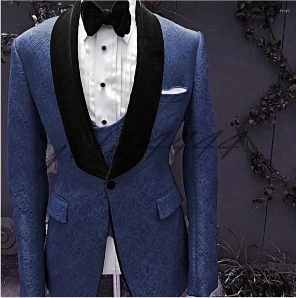 Trajes para hombre, esmoquin para novio azul marino y negro, chal de terciopelo con solapa para padrinos de boda, hombre (chaqueta, pantalones, chaleco con corbata) C675