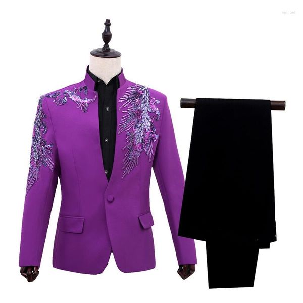 Costumes pour hommes Costumes de jeu pour hommes Col de scène Paillettes Menual Coût Performance Deux pièces Rouge Violet Bleu Hommes