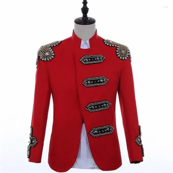 Costumes pour hommes, modèles rouges, Costumes de scène pour chanteurs, Blazer à paillettes, vêtements de danse, veste, robe Punk, col montant