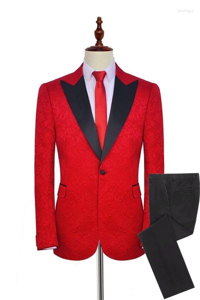 Trajes de hombre Hombres Patrón rojo con esmoquin de novio negro Mantón de solapa Padrinos de boda Hombre de boda 2 piezas (Chaqueta Pantalones Corbata) C786