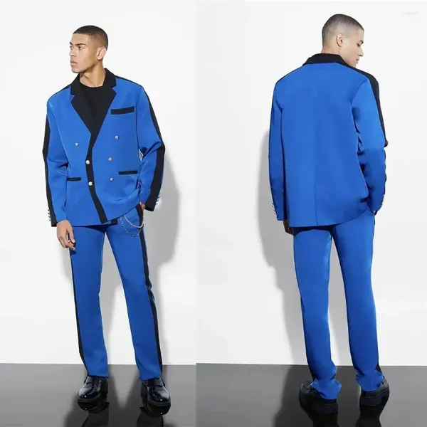 Trajes para hombre, trajes de boda con doble botonadura a juego de Color azul real y negro, conjuntos de chaqueta Formal de negocios, 2 piezas