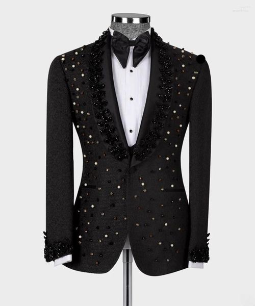 Costumes pour hommes 2 pièces hommes costume noir smoking appliques pointe revers perles diamants formels luxe travail porter mariage hôte grande taille