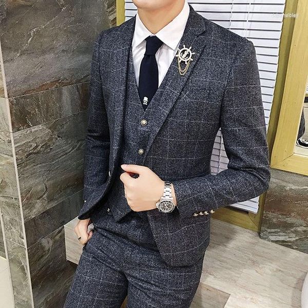 Costumes pour hommes hommes 2023 gris Plaid rayure Vintage hommes Slim Fit Tweed affaires formel 3 pièces sur mesure mariage Terno Masculino