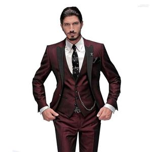 Costumes pour hommes 2023 Costume pour hommes Coupe ajustée 3 pièces Tuxedos bordeaux Gentle-Mens Wedding Notch Lapel Groom Tuxedo Terno (Veste