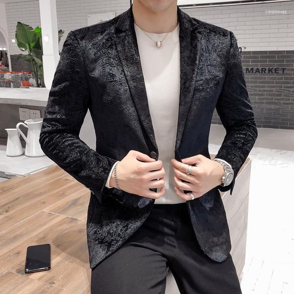 Trajes para hombre, primavera 2023, traje antiguo ajustado con estampado para hombre, traje pequeño y atractivo para hombre, chaqueta de espectáculo nocturno ajustada a la vista de Corea del Sur