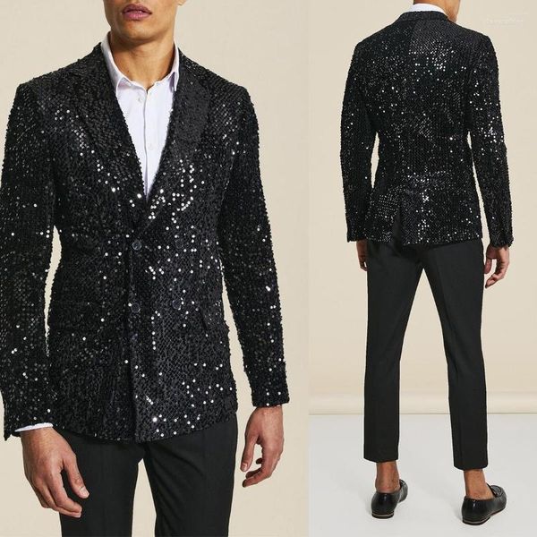 Trajes para hombres Hombres negros Hombres 2 piezas Lentejuelas brillantes Blazer Pantalones Doble botonadura Moderno Novio de boda Fiesta de trabajo formal Causal a medida