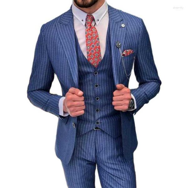 Costumes pour hommes Blazers pour hommes 2023 Bleu 3 pièces Dernier style Homme Design Business Blazer Pantalon Stripe Hommes Slim Fit Veste Pantalon Gilet