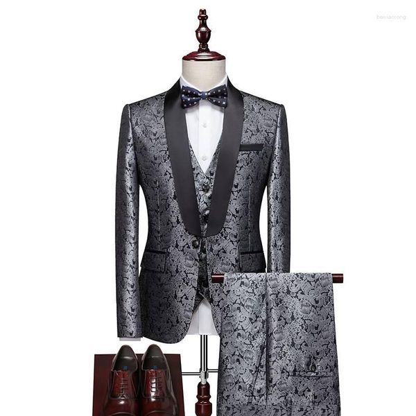 Trajes para hombres Blazers para hombres 2023 Últimos diseños de pantalones de abrigo 3 piezas Hombres Esmoquin hecho a medida Gris Jacquard Mantón Solapa Fiesta de bodas