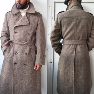 Costumes pour hommes Blazers pour hommes chevrons hommes manteau long pardessus marron messieurs avec ceinture double boutonnage chaud épais laine affaires